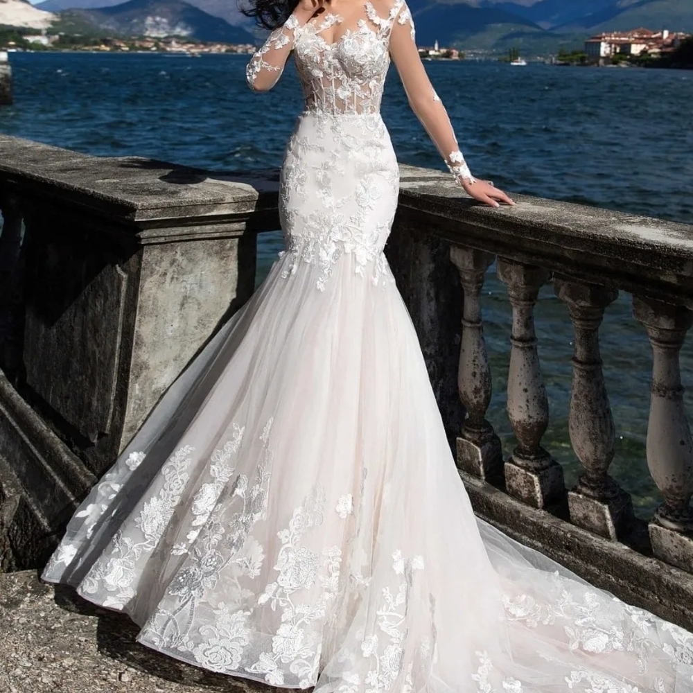 Exquisite Sheer Sleeve Lace Bridal Gown Int'l Designer - European Production